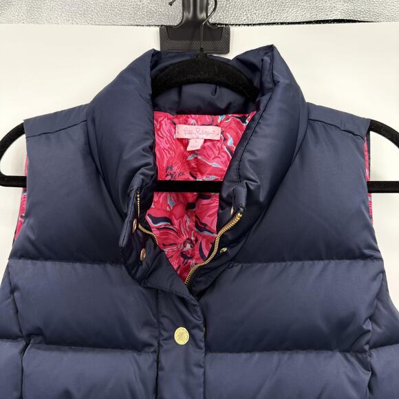 Lilly Pulitzer Vest Womens Large Navy Quilted Puffer Down Pink Print Lining - Picture 3 of 11